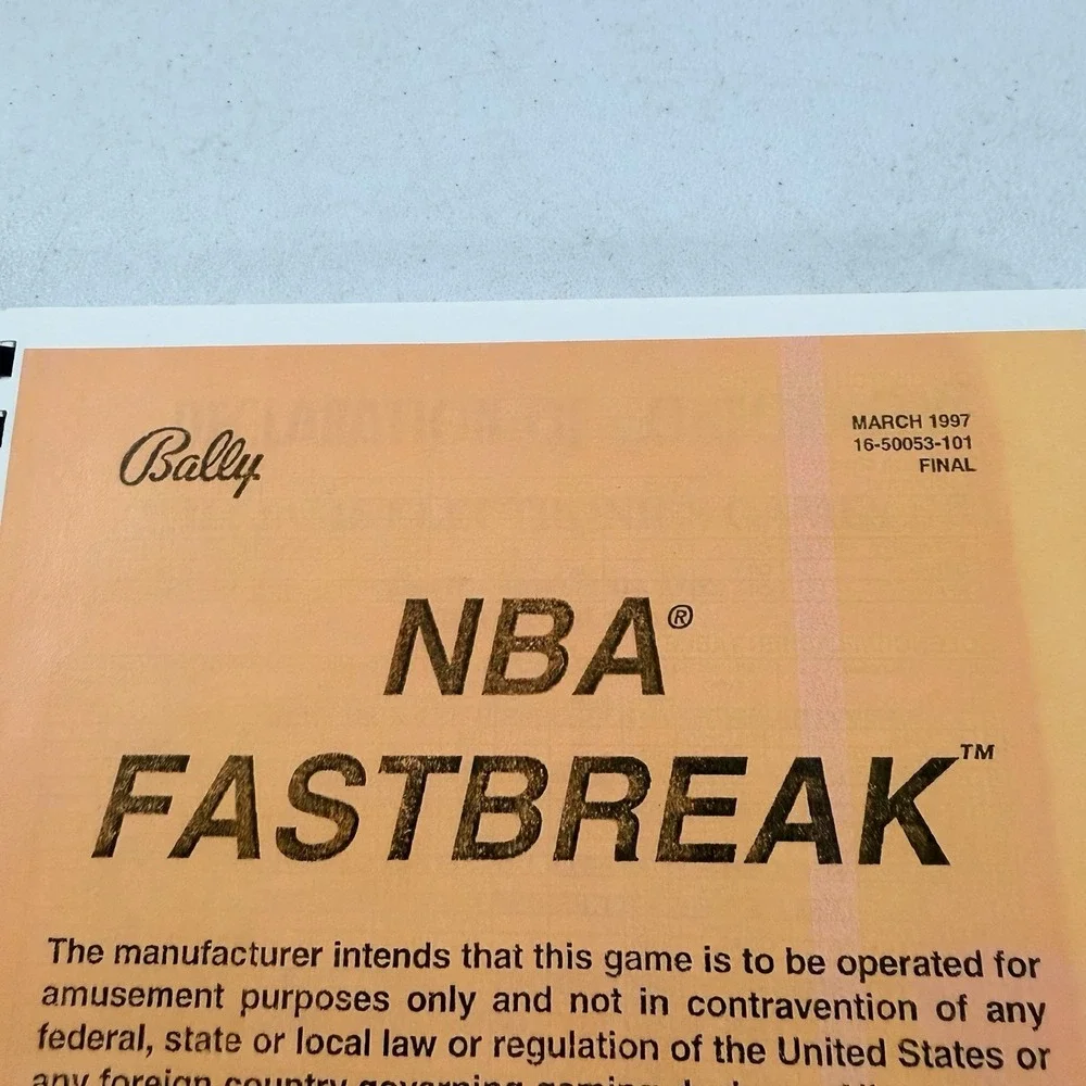 Bally NBA Fastbreak Pinball Arcade Game Manual 1997